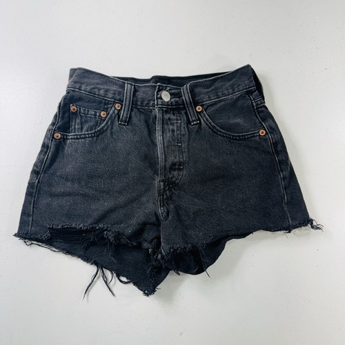 Levi's 501 Womens Shorts Black Distressed Denim Frayed Hem Size 23 Button Fly