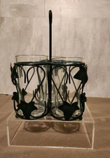 VTG. Picnic 3 Pc Caddy Dark Green Ivy Napkin, Cup Holder, Utensil Holder, Metal 