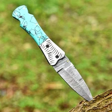 USA Pocket Knife Damascus Folding Blade Knife - Case - Double Edge Dagger
