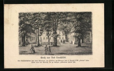 AK Bad Lauchstädt, strolling group in front of fountain and Schiller linden...