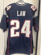 Ty Law Signed inscribed HOF 19 New England Patriots Jersey Beckett BAS COA XL