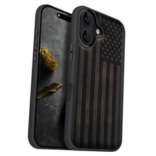 Magnetic Wooden Case for iPhone 16 Case, Wood Artisan American Flag-Black