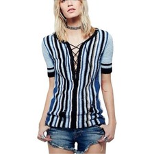 Free People Tunic Sweater Mini Dress Boho Knit Navy Baby Blue Cozy Chic Small