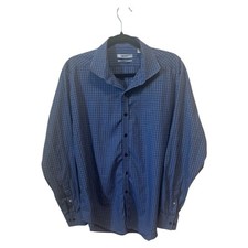 DKNY Slim Fit Men's Preppy Dress Shirt Long Sleeve Blue Grid Check 17.5 34/35