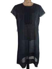 Talbots Dress 14P Lightweight Semi Sheer Black Ruffle Detail Button Keyhole NEW