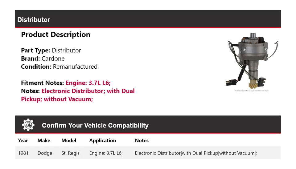 For 1981 Dodge St. Regis 3.7L L6 Distributor Cardone - Image 2 of 4
