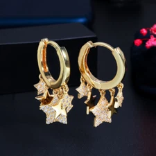 Gold Color CZ Big Star Tassel Charms Dangle Endless Hoop Earrings for Bridesmaid