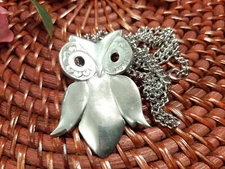 Vintage REED & BARTON BARRED OWL PEWTER NECKLACE PENDANT 24" Chain