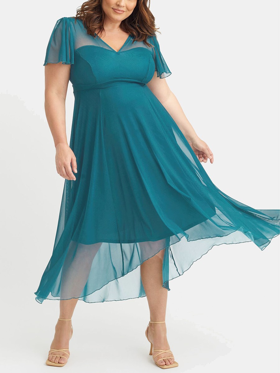Scarlett Jo DRESS Teal Angel Sleeve Dipped Hem Plus Sizes 16 to