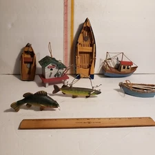 Lot Of 7 Vintage Nautical Row Boats Fish Trawler Dock Ornaments Lake Life Rental