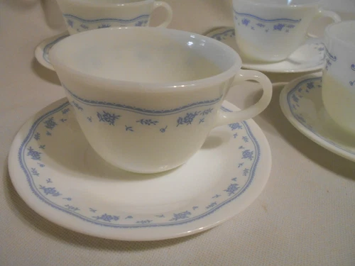 Vintage Pyrex Morning Blue Flower Coffee Cup Mugs & Corelle Saucers Set of 4