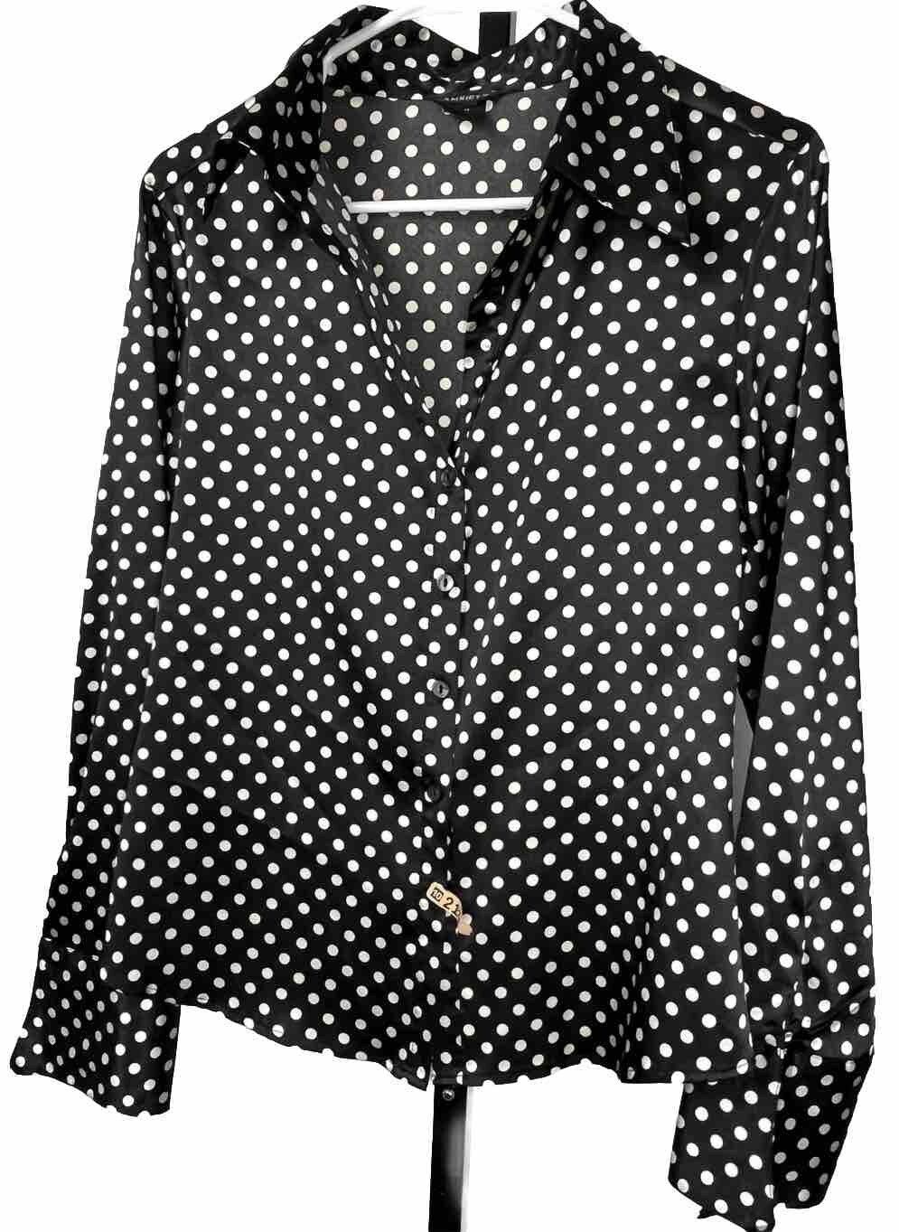 Anxiety Black Polka Dot Long Sleeve Blouse with Wing Cuffs and Large Twee Design