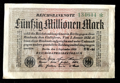Authentic Germany 50 MILLION Mark 1923 BERLIN Post WWI Hyperinflation Era