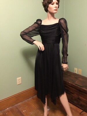 black dress 70s XS 70s Witchy Black Sheer Illusion Hanky Hem Dress – Flying Apple Vintage main image 0
