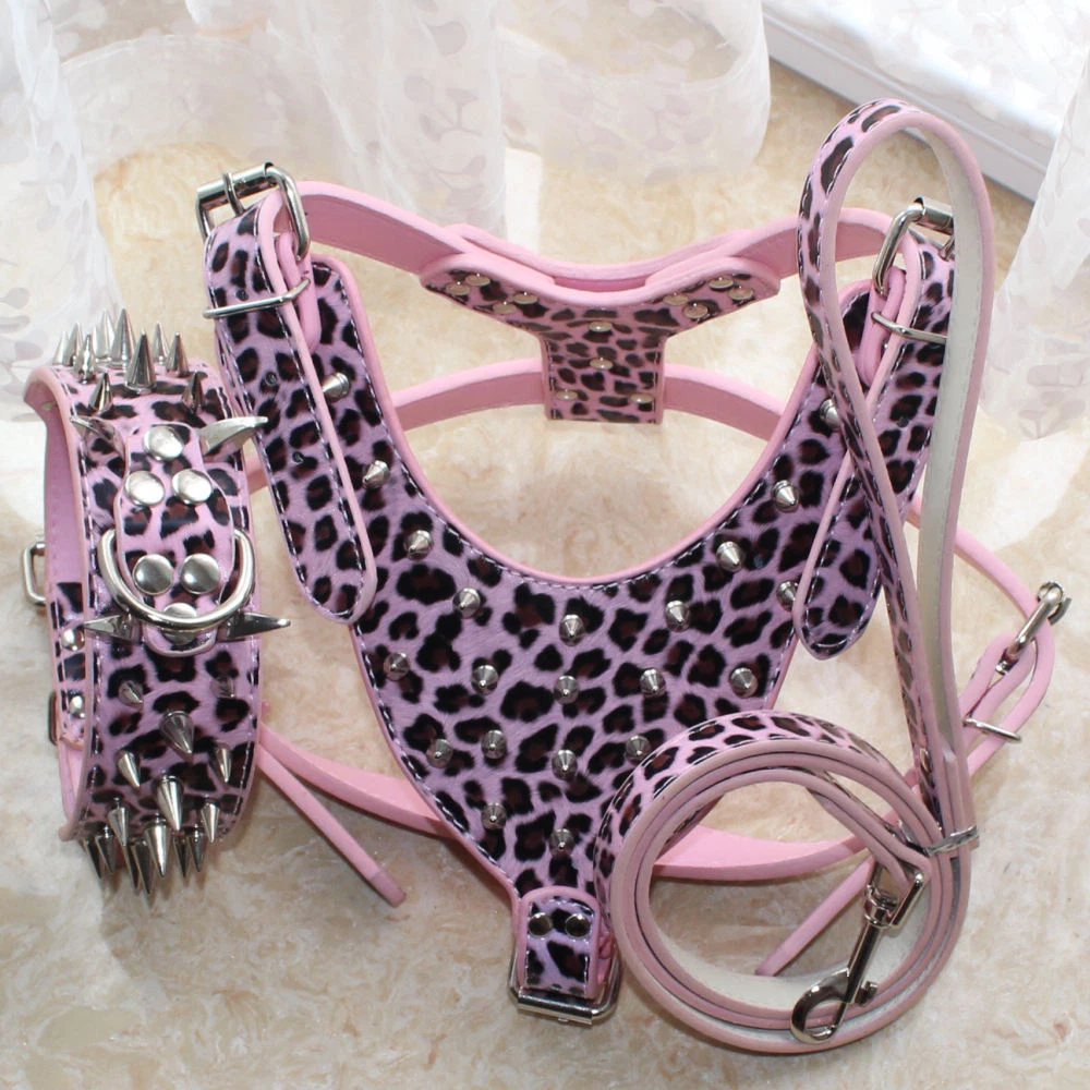 Spiked Studded Leather Dog Harness Collar Leash Pink Leopard SET