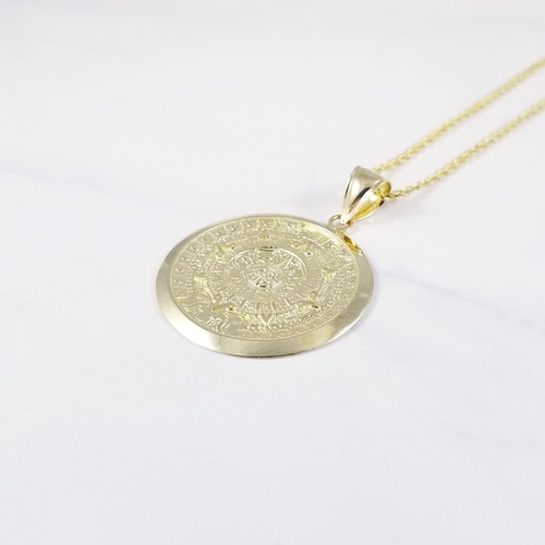 10K Solid Yellow Gold Aztec Calendar Pendant - Sun Round Medal Necklace Charm - Picture 8 of 8