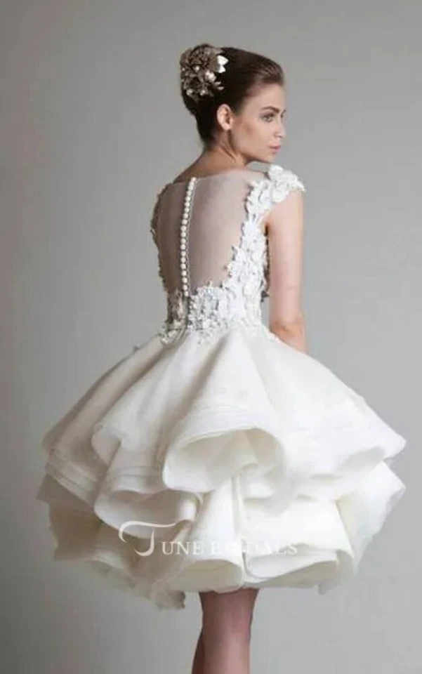 Elegant Short Wedding Dresses Spaghetti Straps Tiered 3D Floral Bridal Gowns - Image 3 of 4