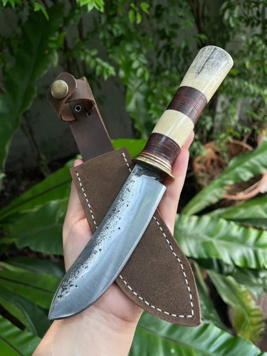 Custom Nessmuk butcher hunting knife 5" Plow steel forged, Stag handle, L sheath