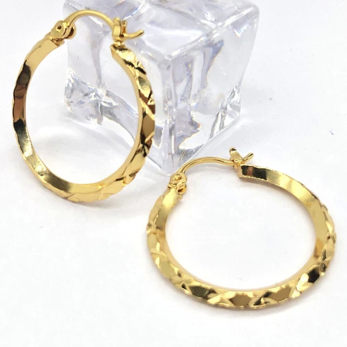 9ct Yellow Gold Diamond Cut Creole Hoop Earrings - 25mm Diameter - Picture 7 of 9