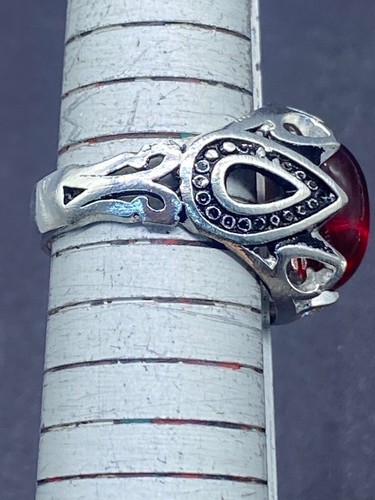 Men Handmade Engraved Red Glass Ruby Mixed Sliver Unique Ring - Picture 3 of 6