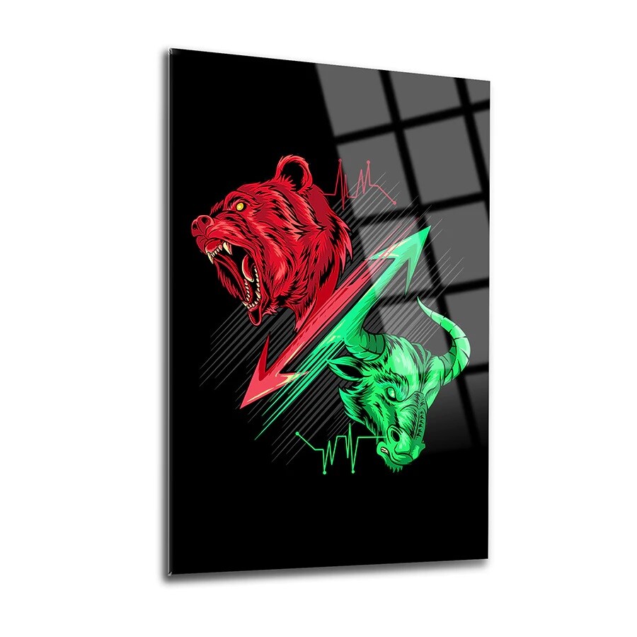 Arte de pared de vidrio templado premium Bear and Bull, fácil instalación, a prueba de decoloración