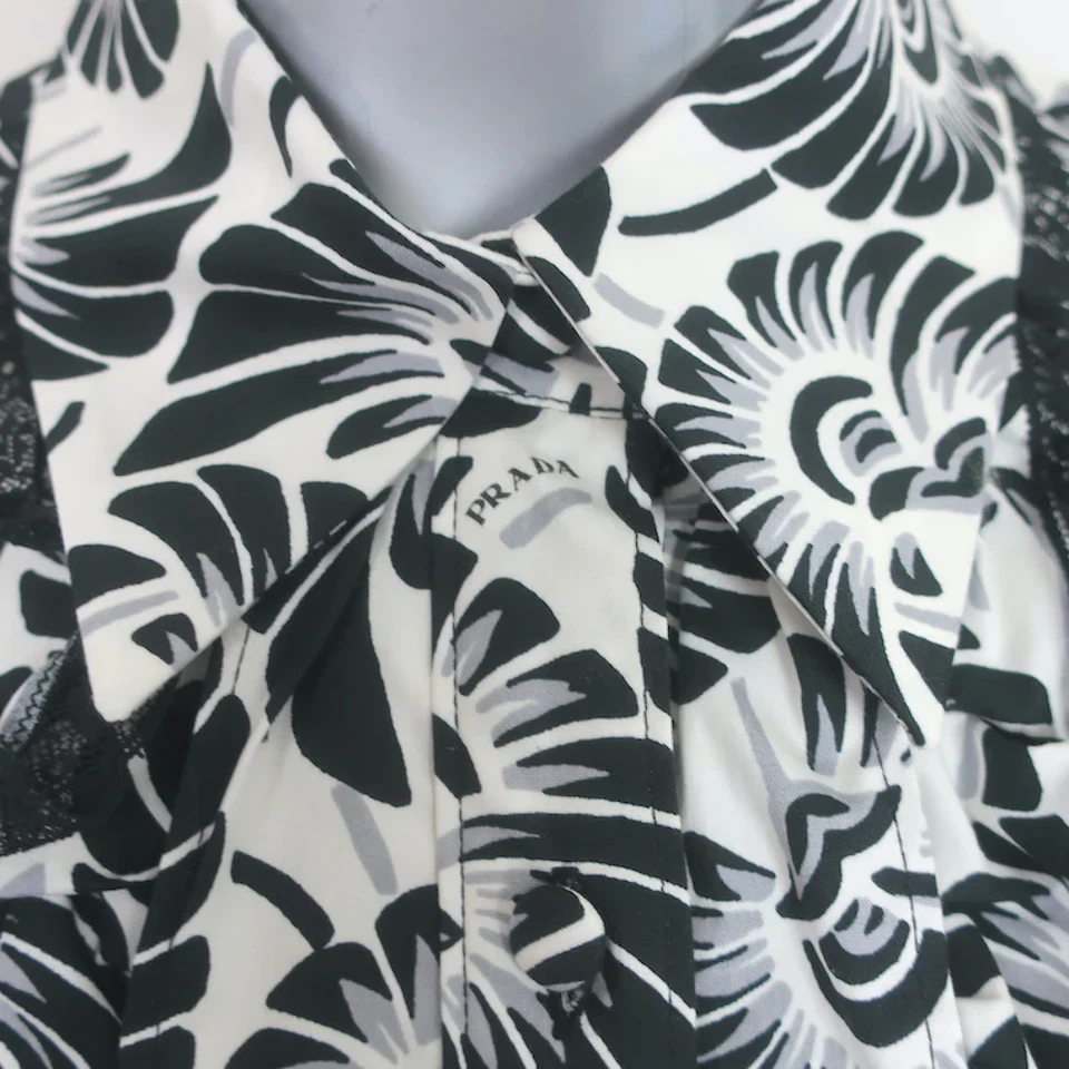 Prada Shirtdress White/Black Lace-Trim Printed Cotton Size 40 Long Sleeve Dress - Image 3 of 4