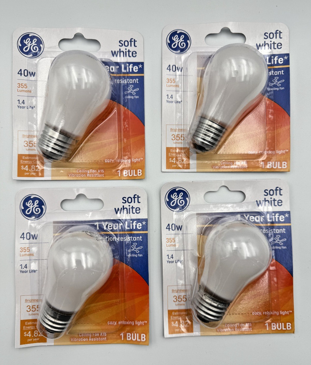 4 Bulbs/box Soft White GE Vibration Resistant Ceiling Fan A15 40W 355Lum. 2700K