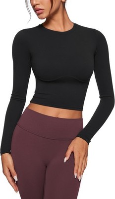Womens Long Sleeve High Round Neck Crop Yoga Shirts Workout Medium, Black 