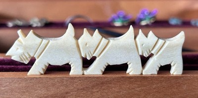 Adorable Vintage Carved Triple Scotty Pin In Bone Made In Japan - Marked
