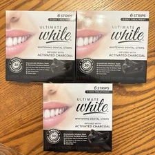 3 Boxes Ultimate White Whitening Dental Strips w/ Activated Charcoal 6 Strips Ea