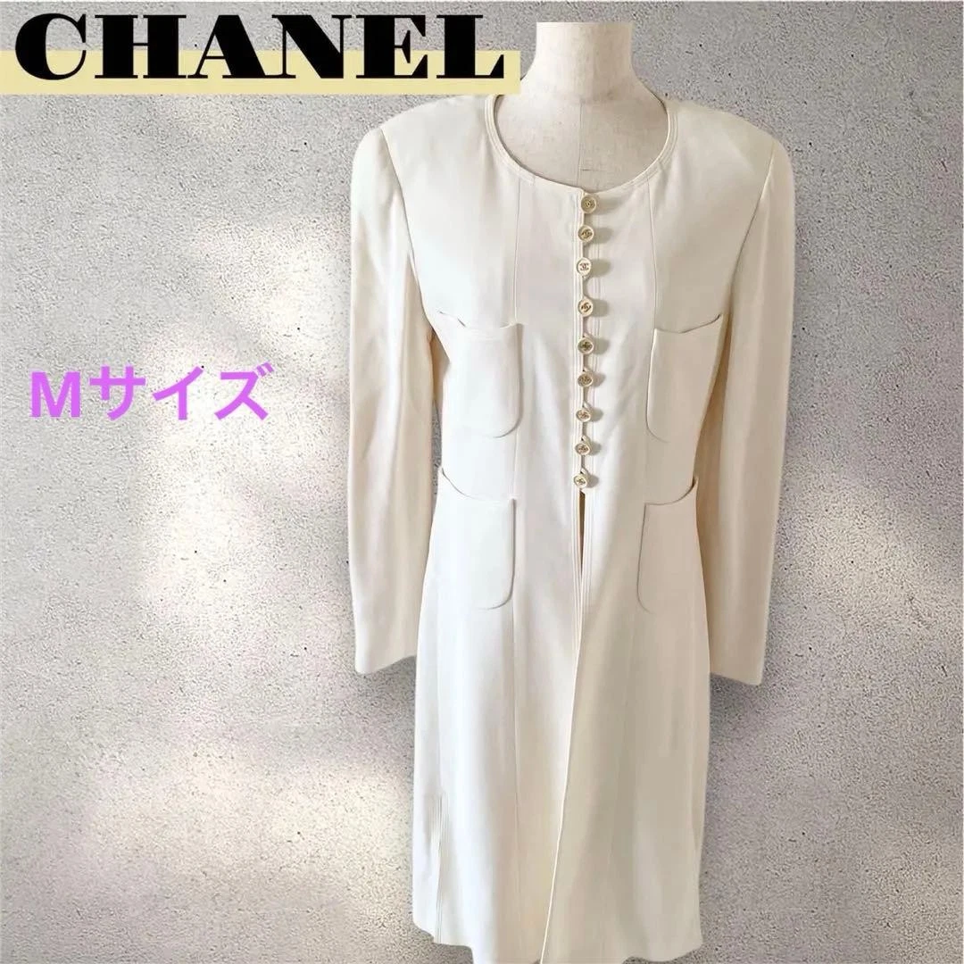 Chanel — CHANEL 97P Coco Button Long Sleeve Dress White Silk Lined Size 38 SR2185