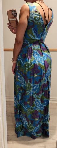 Vintage 60s Blue Purple Sleeveless Hostess Hawaiian Barkcloth Maxi Dress 34"Bust - Picture 12 of 24