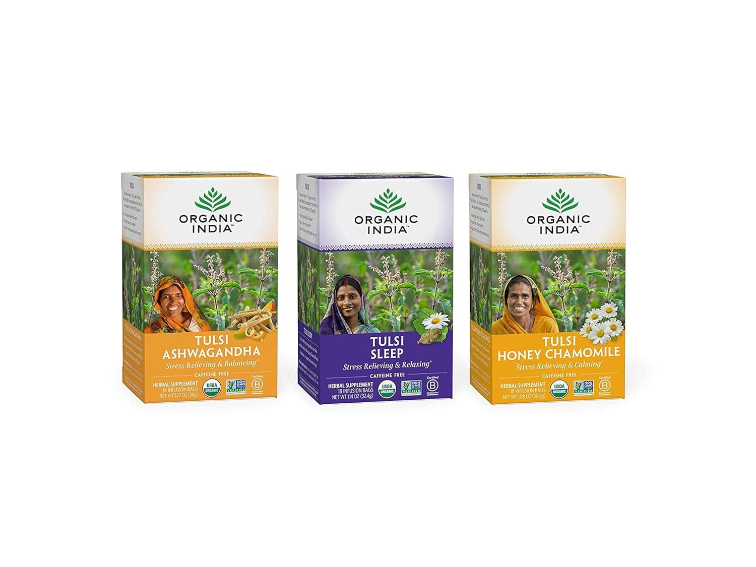 Organic India Calming Tulsi Herbal Tea Variety Pack Organic 18 Bags, 3 Pack