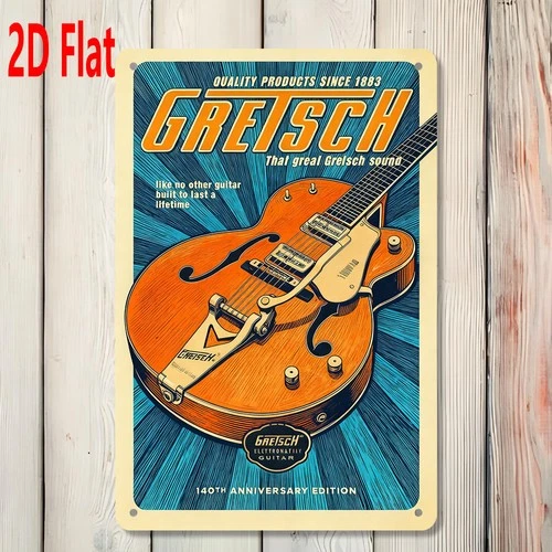 Vintage Gretsch Electric Guitar Design Tin Metal Signs Home Décor 8x12
