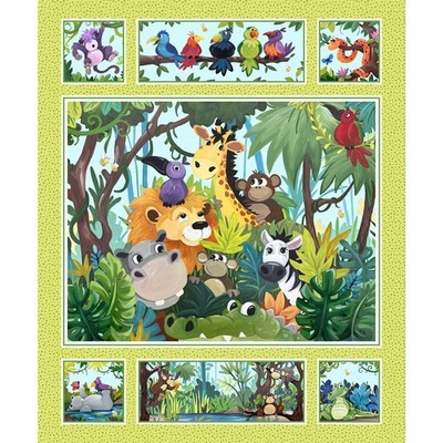 SusyBee Jungle Friends Easy Fast 36'' Kids Quilt Panel Fabric