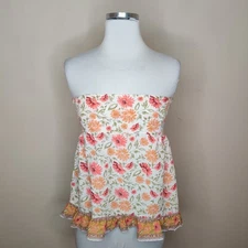 Rachel Zoe Strapless Tube Top Large Womens Floral Ruffled Smocked Tie Back Boho