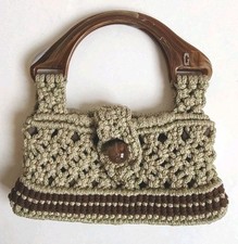 Vintage Macrame Bag Purse Marbled Accento Craft Handles Brown Grey Beige Crochet