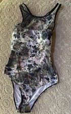 Women s One-Piece Swimsuit Moody Floral Sheer Mesh Neckline Back Cutout Sz LARGE