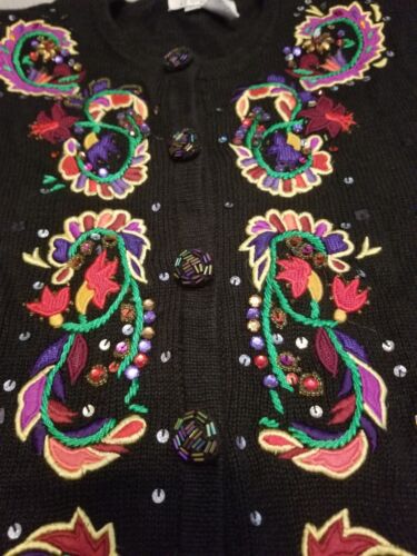 Vtg Jack B Quick Black Cardigan Sweater Embroidered Beaded Multi-Color Sz L - Picture 6 of 15