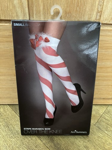 Ann Summers Stripe Marabou Bow Over Knee Stockings Red White Size Small/ Medium - Picture 2 of 5