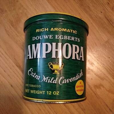VINTAGE DOUWE EGBERT'S AMPHORA 12 OZ. TIN GREEN GREAT GRAPHICS AND COLORS