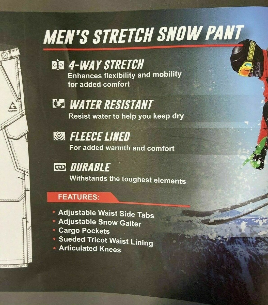 Gerry Men's Snow Tech Pants w/ 4 Way Stretch Fabric Ski Pant