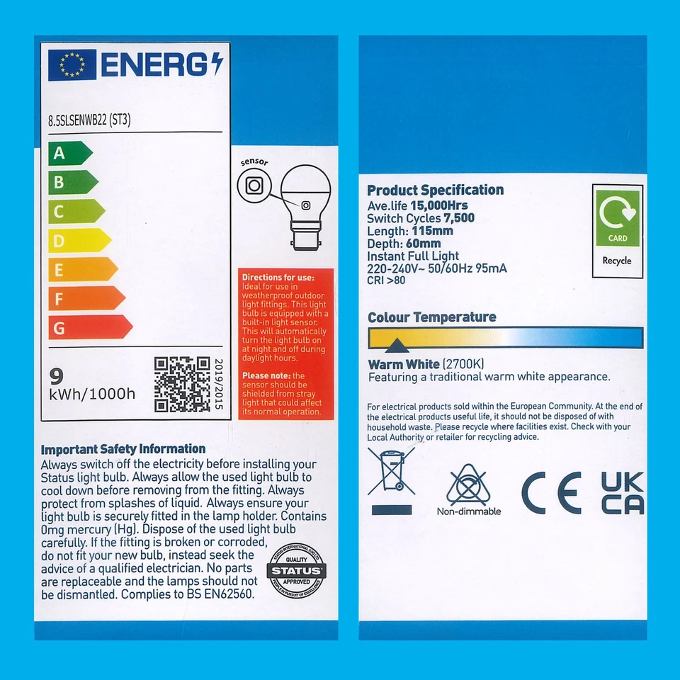 8.5W = 60W LED GLS Dusk Till Dawn Sensor Security Night Light Bulb BC B22 Lamp - Image 3 of 3