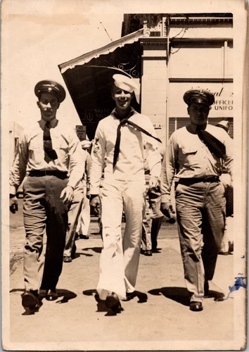 Vtg Photo 1940s US Army Soldiers Sailor Uniforms WW2 City Street Posing B&W