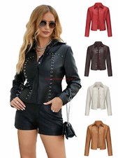 Giacca donna pelle rivettata cardigan bottoni giacca stile motociclista cappotto UK6 - 20 nuova