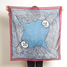 Hand Painted Silk Scarf Owl Print Wing Scarf Blue Purple Square Head Scarf Gift