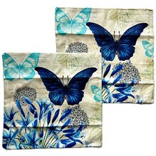 Blue Butterflies Linen Blend Throw Pillow Covers Shams 18x18 Spring Flowers Teal