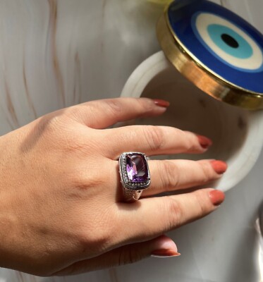 925 sterling silver Natural Amethyst ct Gemstone Engraved ring for