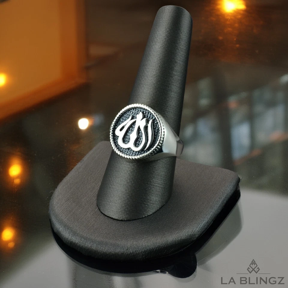 Oxidized Sterling Silver Round Allah Signet Ring Islamic Muslim Jewelry for Men - Image 2 of 4