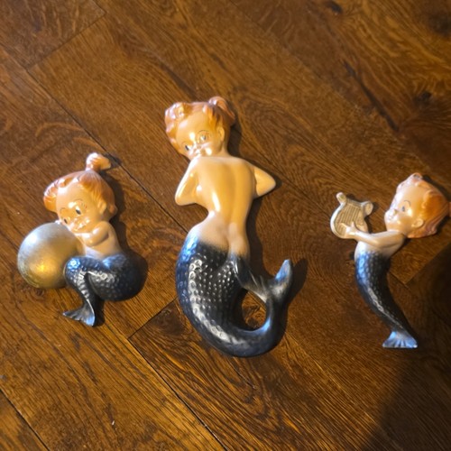 SET 3 MCM 1960'S CHALKWARE PLASTER RISQUE MERMAID WALL HANGING FIGURES